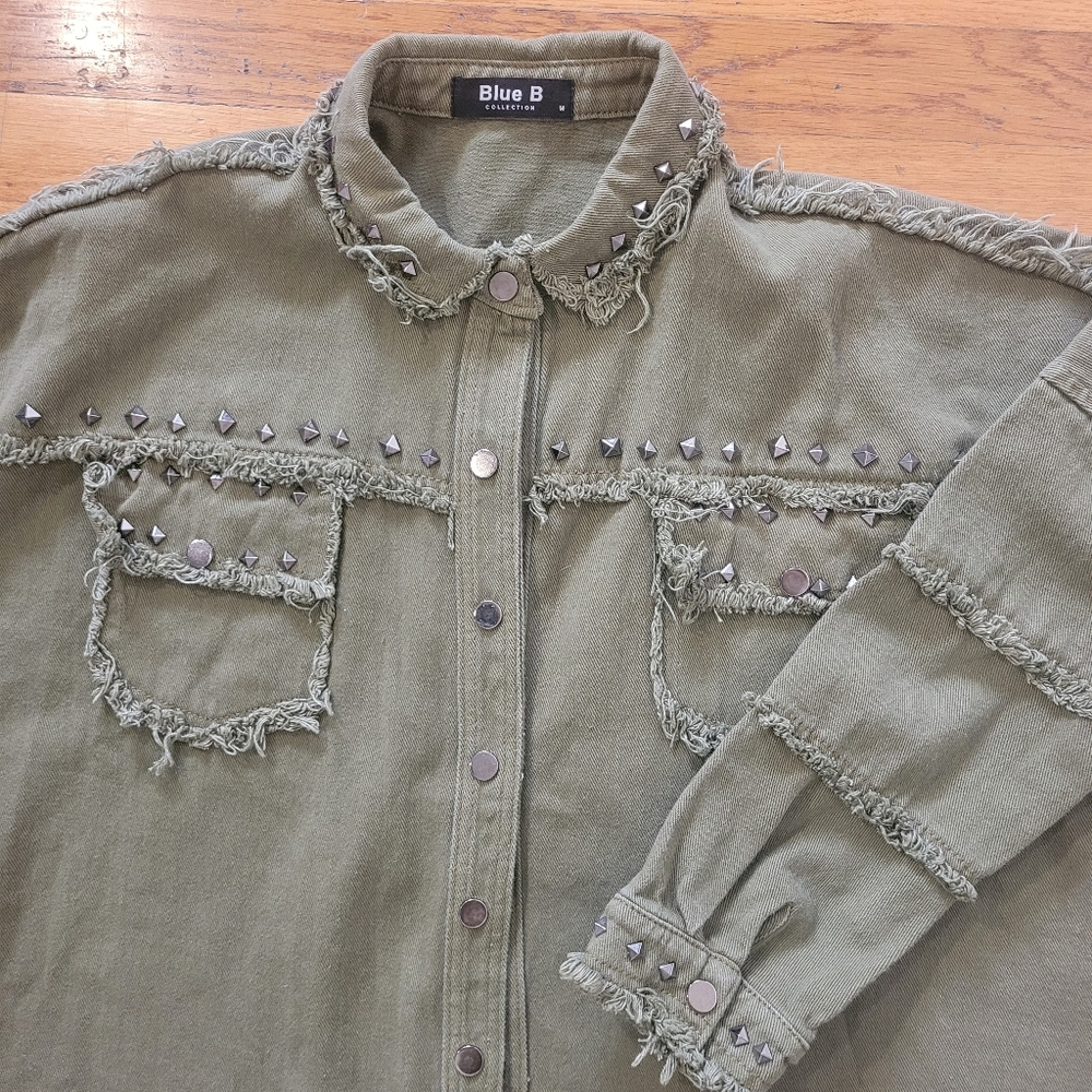 Blue B Collection Studded Army Green Jacket Midweight Cotton Military Distressed - Picture 2 of 11